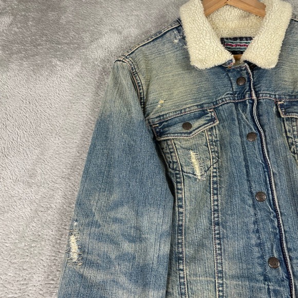Y2K Polo Jeans Ralph Lauren Denim Jacket Womens XL Sherpa Lined Distressed 2000s - Picture 8 of 16